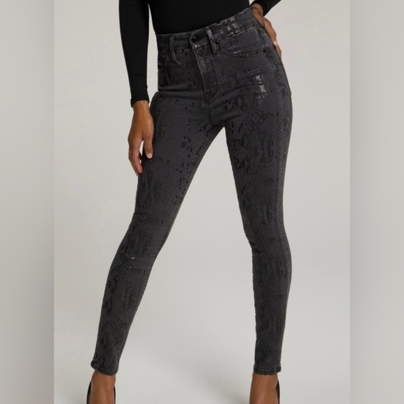 Good American Good Waist Snake Print Foil Appliqué Skinny Jean In Black Size 10 - Picture 1 of 10